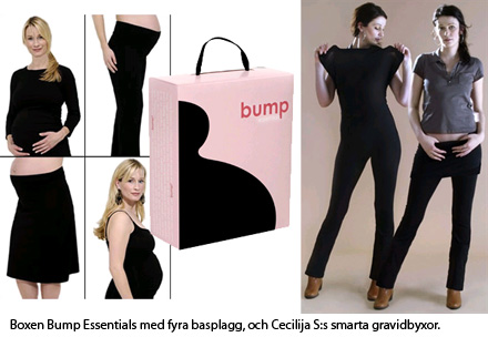Boxen Bump Essentials med fyra basplagg, och Cecilija S:s smarta gravidbyxor.