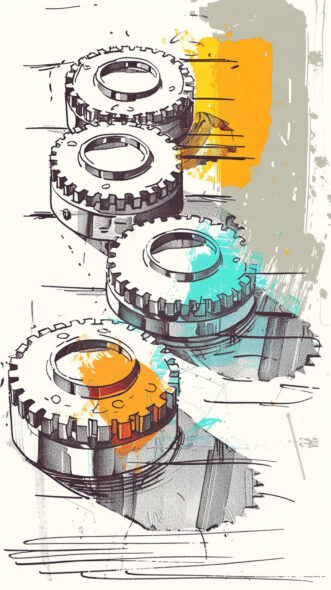 Illustration of cogwheels, made with Midjourney.